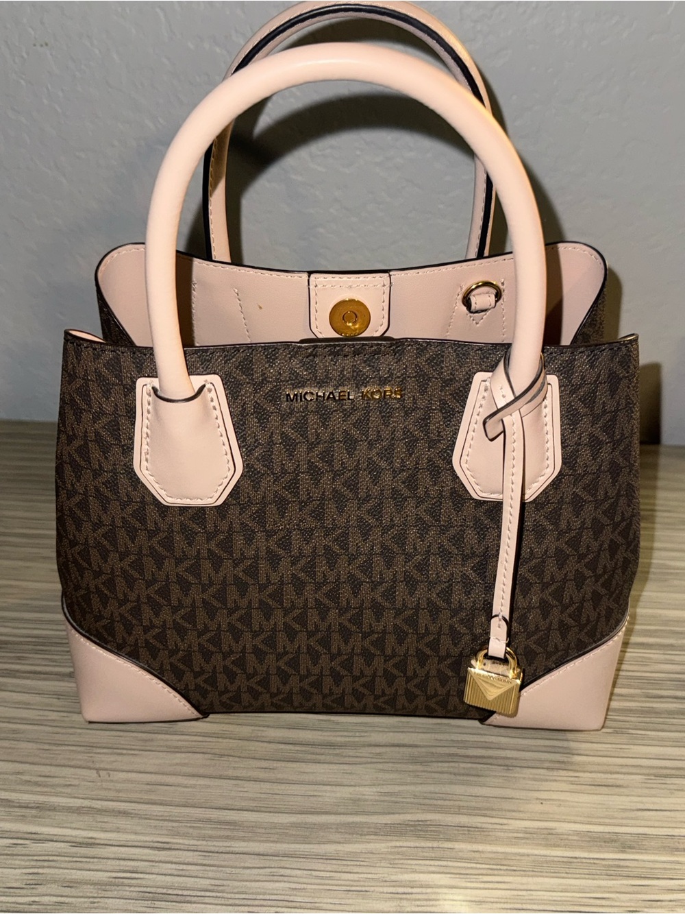 Michael Kors Brown MK Logo Satchel with Pale Pink Trim